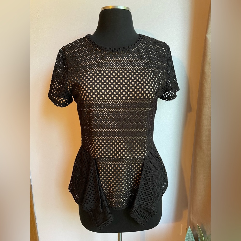 BCBGMaxAzria Viktoria black knit mesh peplum top
